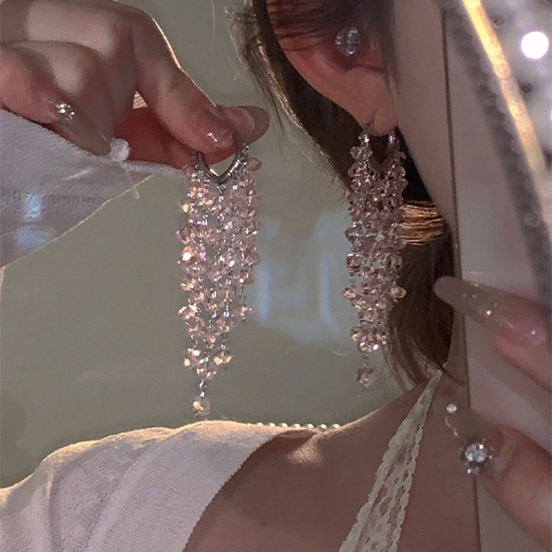 德国少女圆舞曲~甜美温柔显白粉色水晶流苏耳环精致个性小众高级