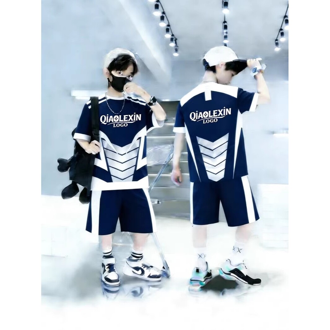 进口男童秋装痞帅薄款篮球服套装新款大童运动薄款T恤短裤两件套