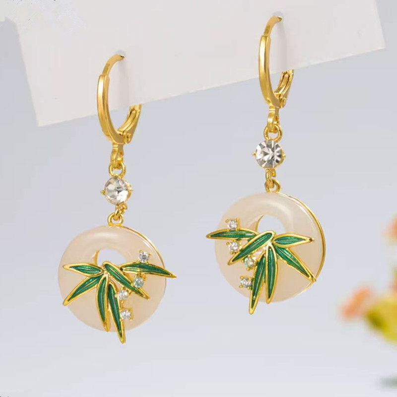 撤柜新中式国风翠竹耳环新款古风旗袍竹节平安扣耳钉小众独特耳饰