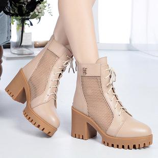 进口真牛皮秋新款网靴子女镂空女单靴粗跟厚底高跟短靴透气凉靴