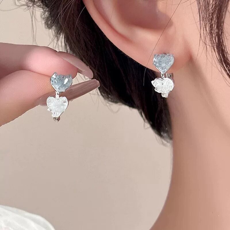 德国个性拼色水晶爱心设计耳钉女轻奢高级耳环甜美气质双色百搭耳