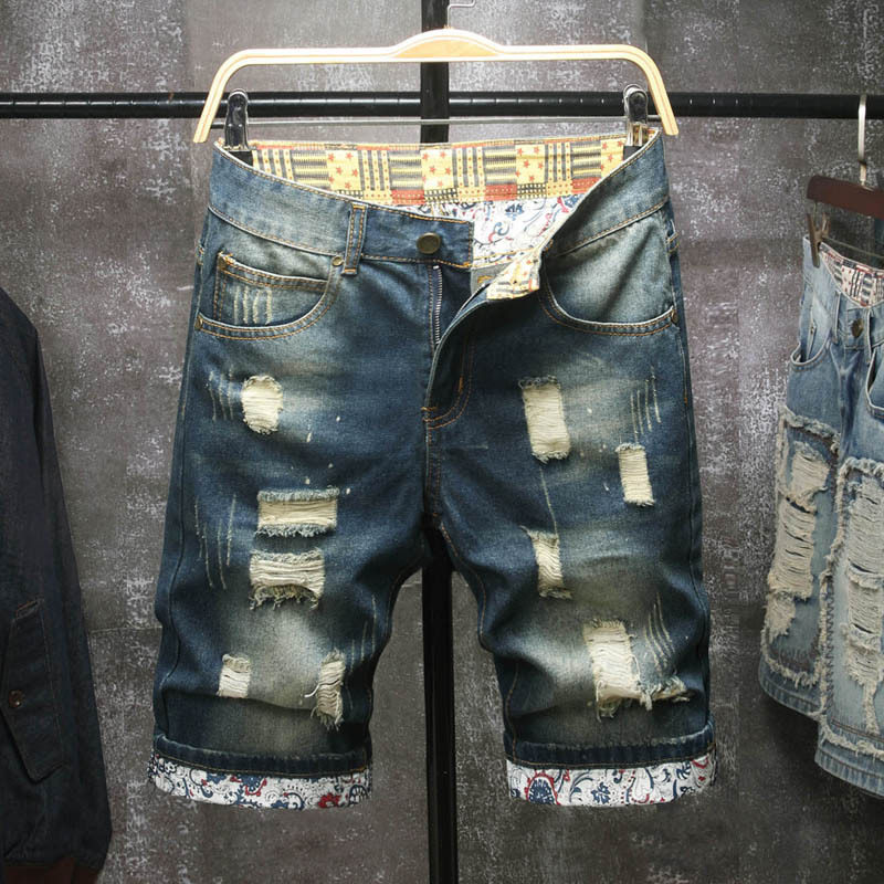 进口破洞牛仔短裤男潮秋季年薄款五分裤宽松胖子大码分中裤