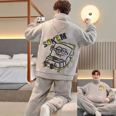 潮牌珊瑚绒睡衣男童青少年加厚法兰绒拉链男孩初中生家居服套装