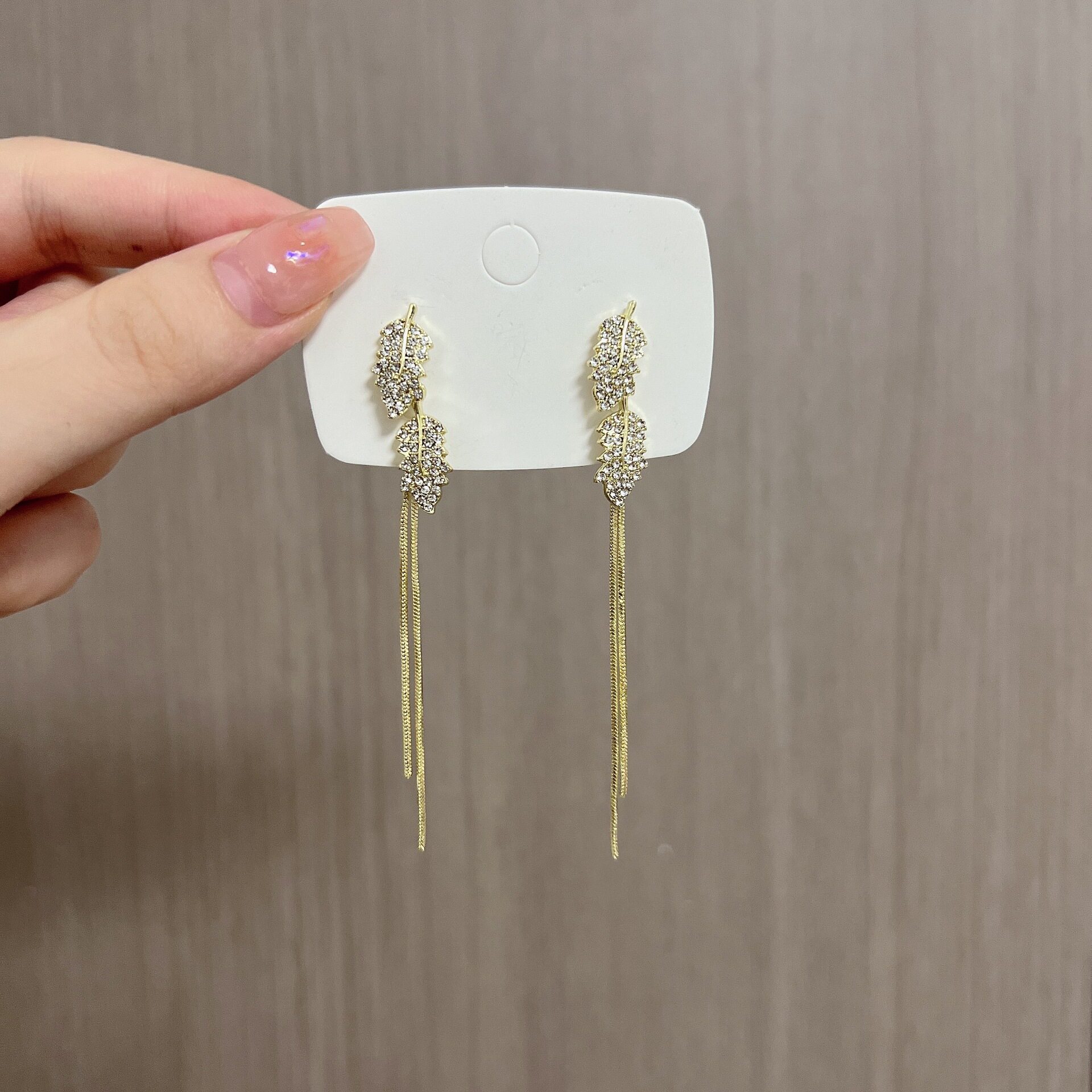 撤柜韩式精致满钻超闪树叶链条流苏耳钉创意设计感大气夸张潮流耳