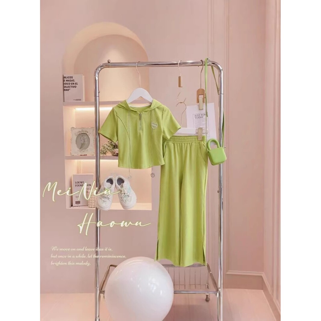 进口女童秋装短袖POLO衫阔腿裤两件套新款大童韩版中大童运动套装