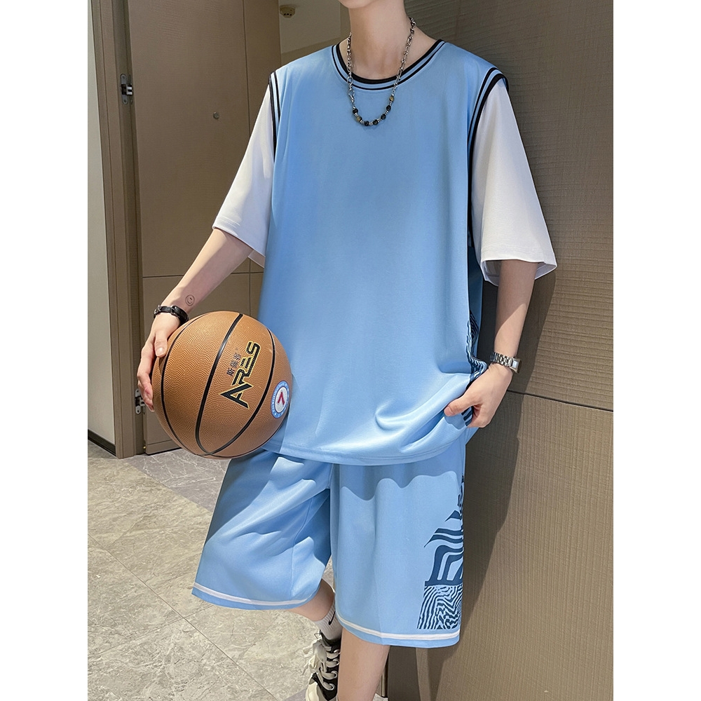 今年潮牌夏季冰丝短袖t恤男孩衣服高中初中学生运动套装青少年大