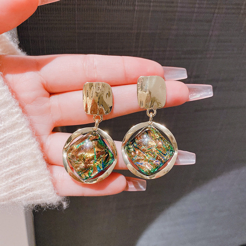 德国复古高级感菱形树脂耳环中古风时尚个性耳坠简约轻奢绿色小众