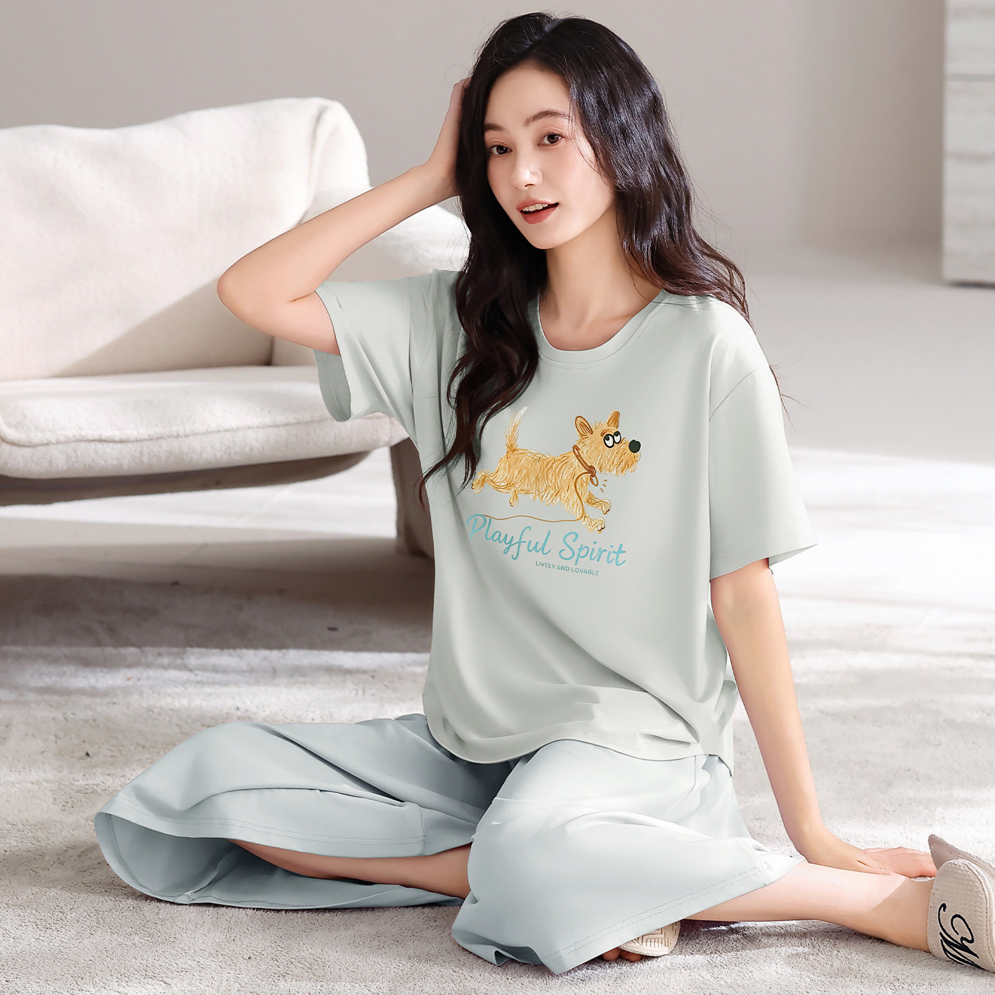 德国莫代尔睡衣女款夏季新款带胸垫短袖七分阔腿裙裤家居服套装可