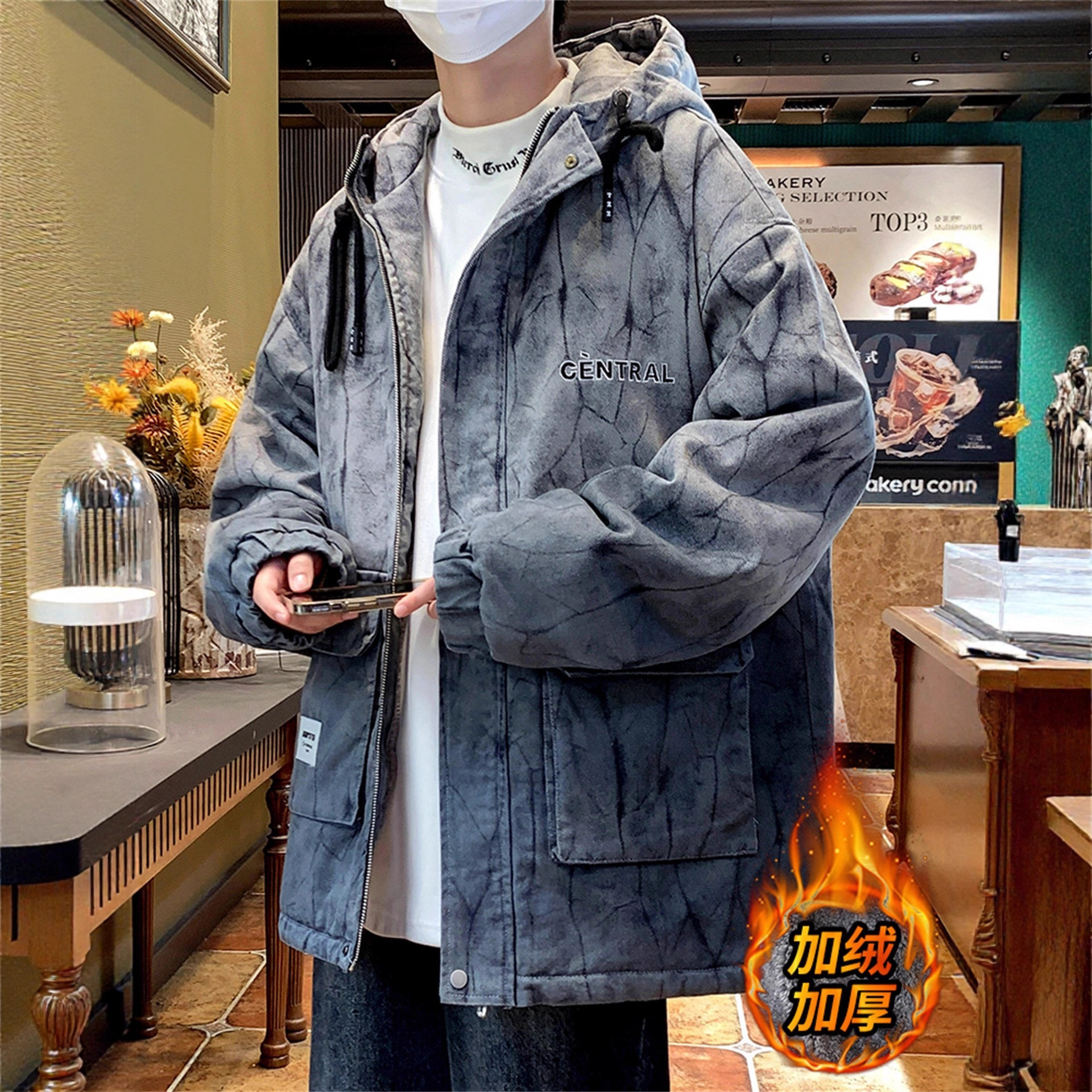 明星同款外套男生加绒加厚潮牌渐变工装夹克青少年宽松连帽保暖棉