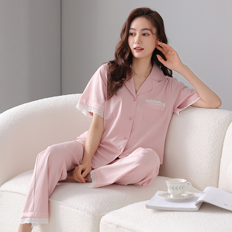 个性新品秋季纯棉睡衣女短袖长裤甜美气质翻领家居服秋天可外穿高
