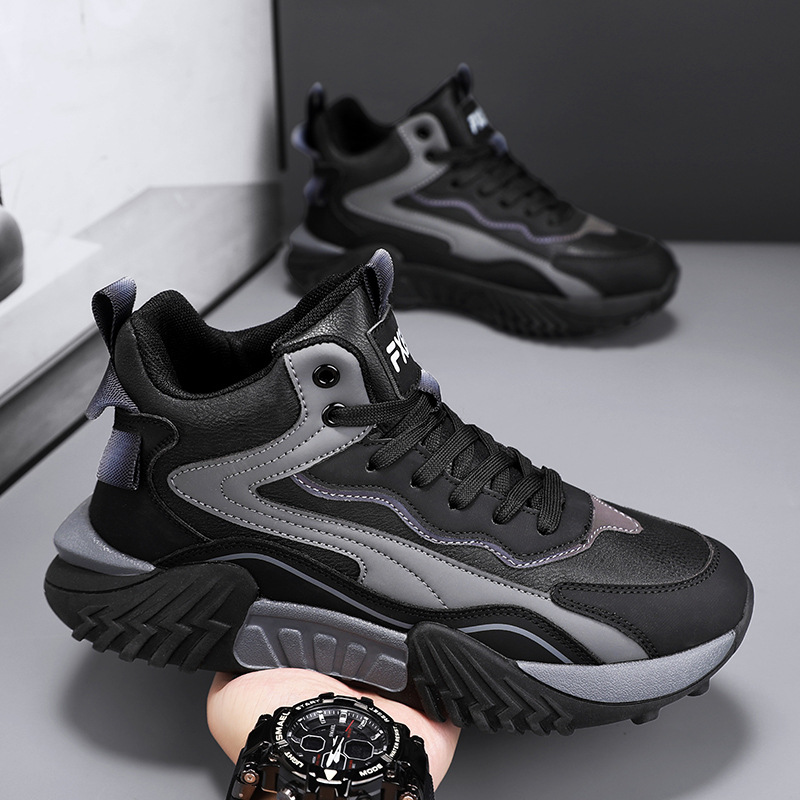 欧洲站男鞋高帮防水防滑耐磨上班工作鞋男士黑色百搭运动休闲老爹