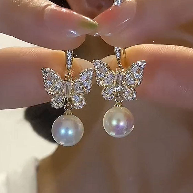 德国重工超仙闪亮满锆石耳钩蝴蝶结法式珍珠耳环年新款女耳饰