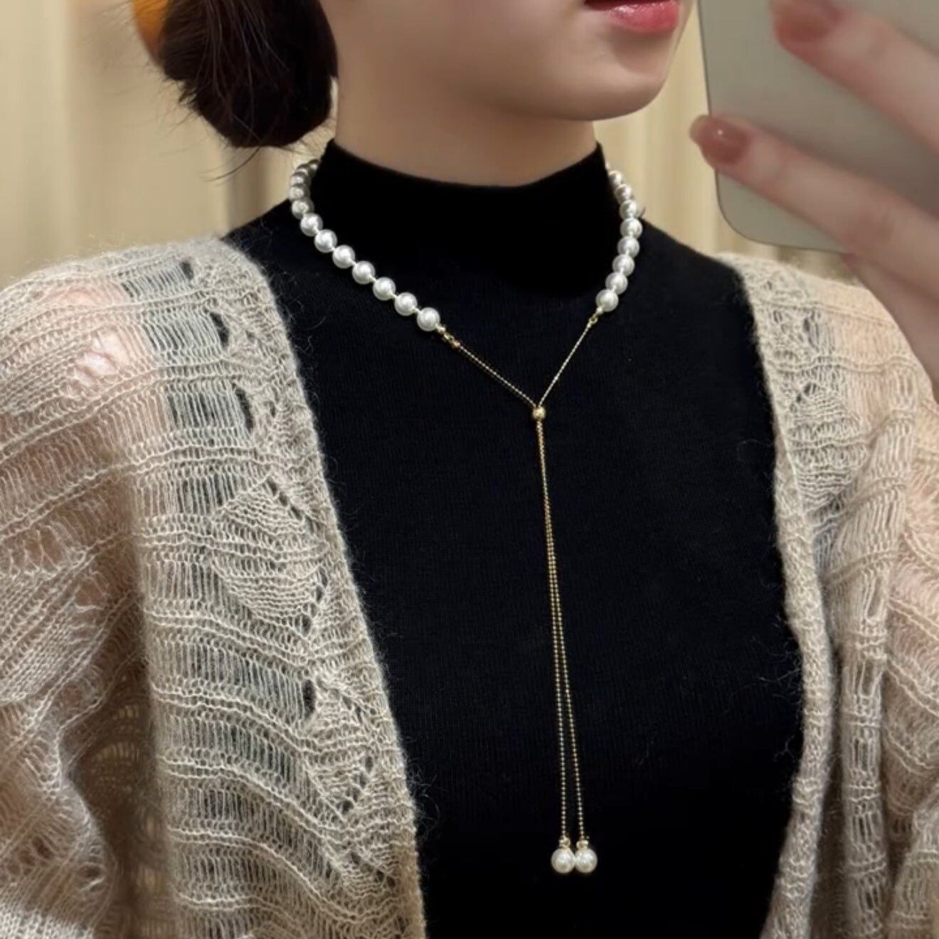 撤柜风珍珠颈链抽拉式小圆珠吊坠项链女简约百搭多种戴法珍珠项链