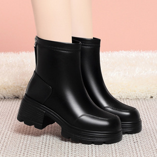 进口一件粗跟短靴女百搭女款瘦瘦靴英伦风厚底马丁靴加绒保暖皮鞋