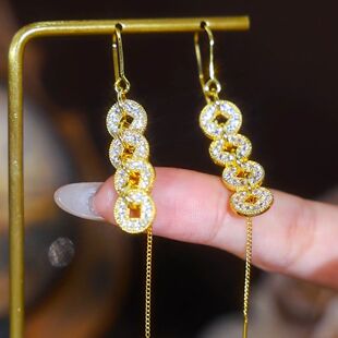 进口秋新款中国风复古五帝钱耳线长款流苏高级感耳饰显脸瘦耳饰