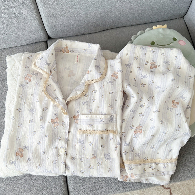 撤柜日系碎花小熊云朵纯棉纱睡衣女款夏季长袖套装甜美可爱家居服