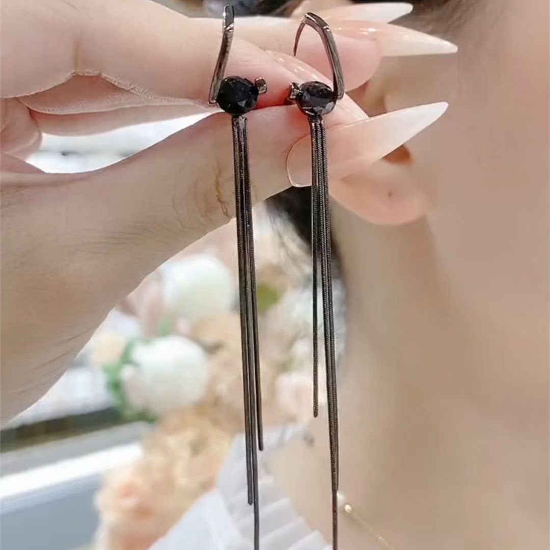 德国黑色长款一克拉流苏耳扣耳环女显瘦脸高级感网红百搭耳饰潮