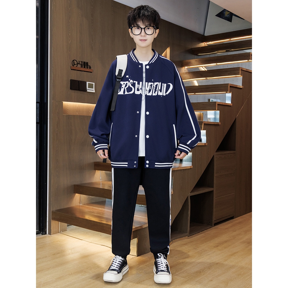 大牌高端青少年棒球服男孩宽松休闲夹克潮牌初高中卫衣两件套款