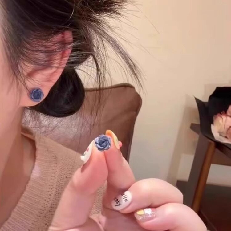 撤柜立体雾紫色玫瑰花耳钉s女小众设计感耳环高级轻奢气质简约耳