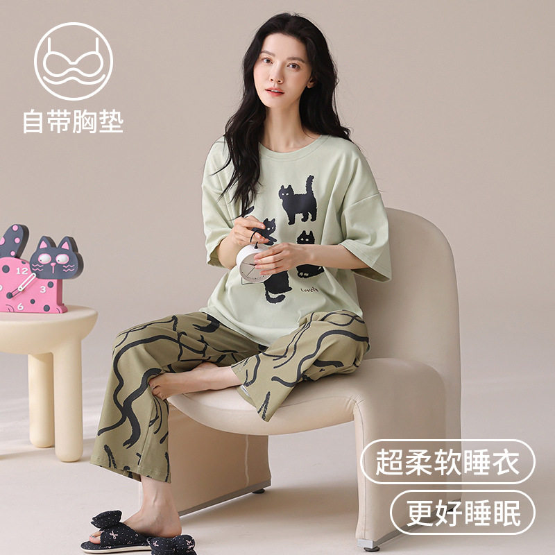德国带胸垫睡衣女款夏季纯棉短袖长裤韩版女生可爱卡通宽松家居服