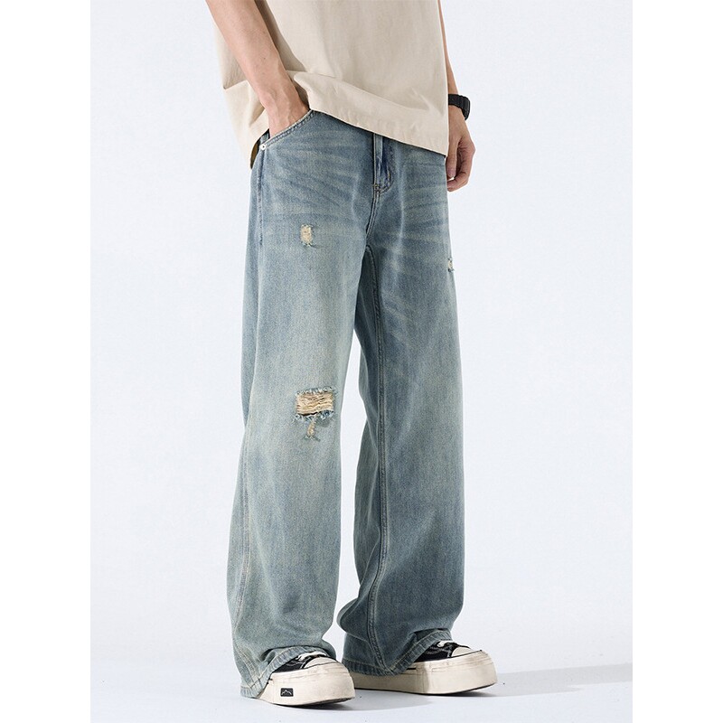 进口怀旧蓝牛仔裤男士秋季薄款宽松直筒阔腿男裤设计感慵懒风破洞