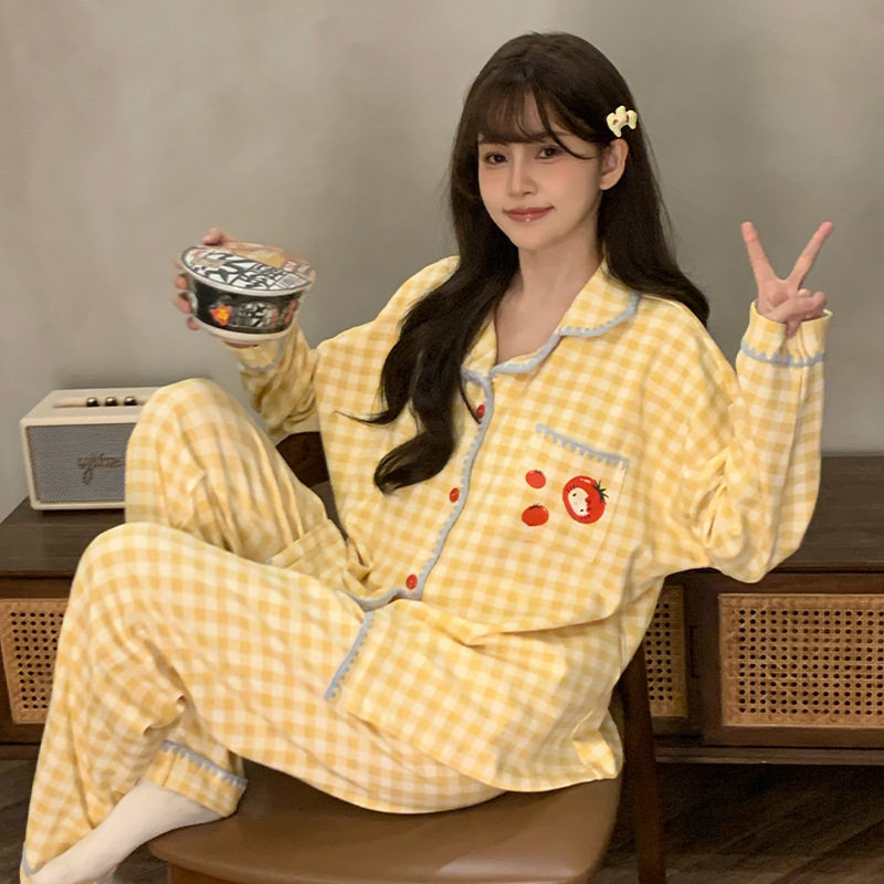 撤柜睡衣女士仿棉开衫翻领带固定胸垫长袖长裤家居服套装季带胸托