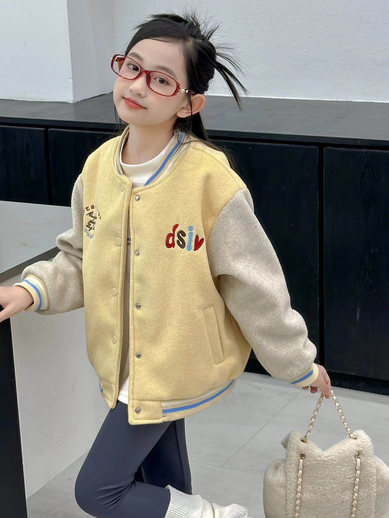 2025新款女童棒球服二棉外套宝宝新款撞色卡通印花长袖厚外套