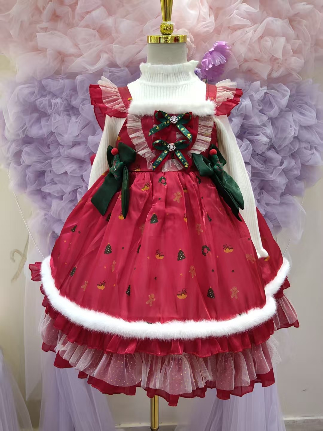 女童洛丽塔公主蓬蓬裙圣诞吊带毛衣打底两件套连衣裙秋冬年款裙子