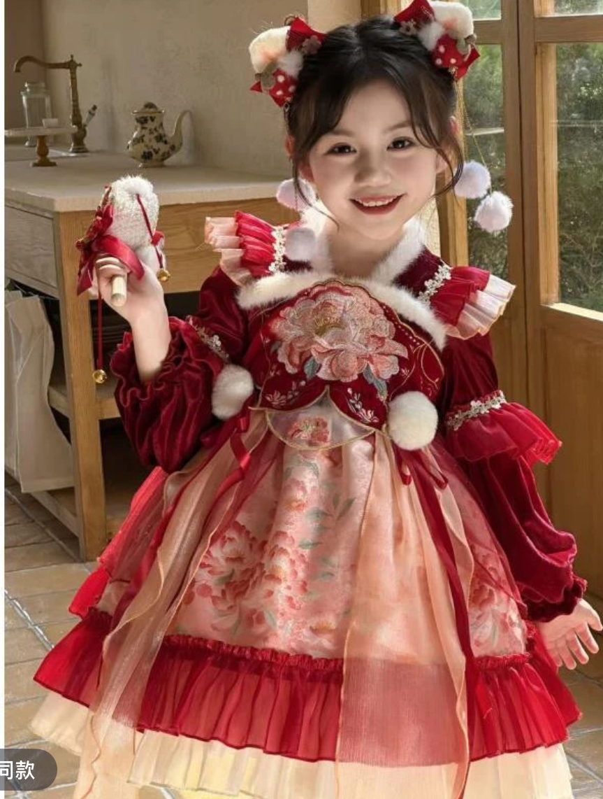 女童拜年服冬季新款加绒红色新年战袍中式古装汉服国风儿童连衣裙