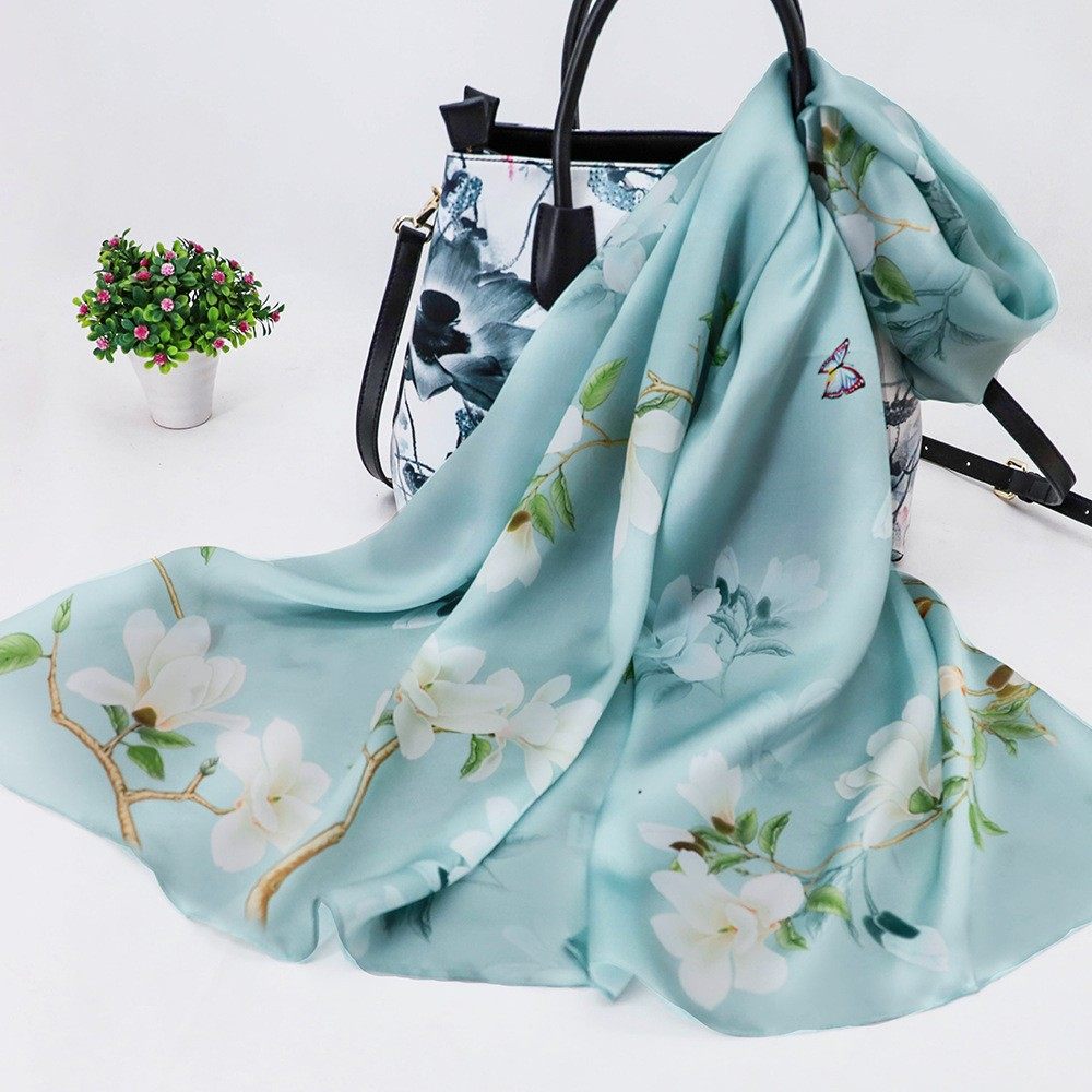 真丝100%桑蚕丝丝巾女春夏花卉印花长条围巾中国风送妈妈防晒披肩