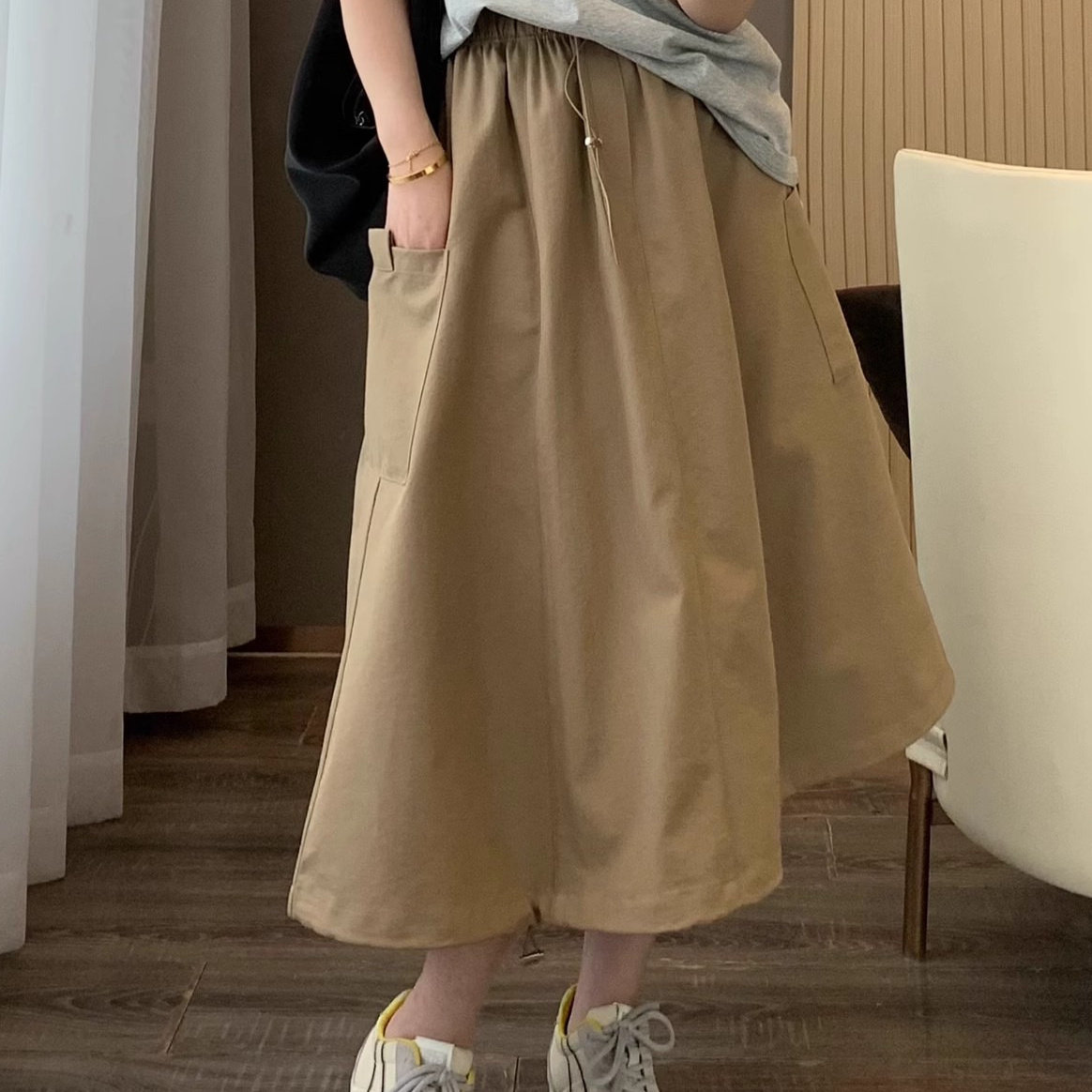 户外山系!工装风时髦大口袋松紧腰抽绳显瘦中空纱山本裙半裙女夏