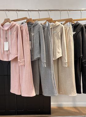 LU系风格！鱼骨腰线显瘦抓绒连帽卫衣微喇叭运动卫裤套装女秋冬