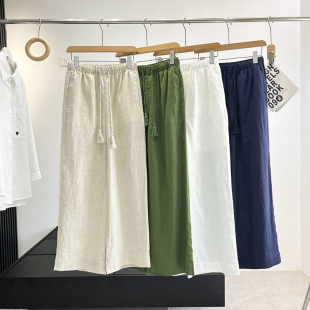 100亚麻裤 拖地长裤 子 高腰阔腿裤 女夏 休闲麻料直筒裤 高端老钱风