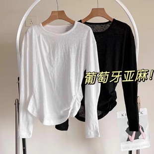 亚麻T恤衫 葡萄牙面料 捏褶收腰洋气灯笼长袖 型苣显瘦气质 女秋 版
