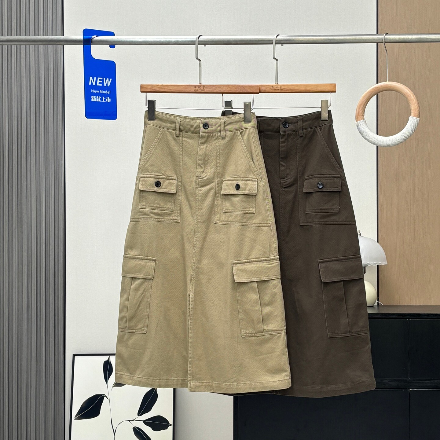 大厂订单!休闲有腔调~100棉立体多口袋前襟开衩中长款工装半身裙