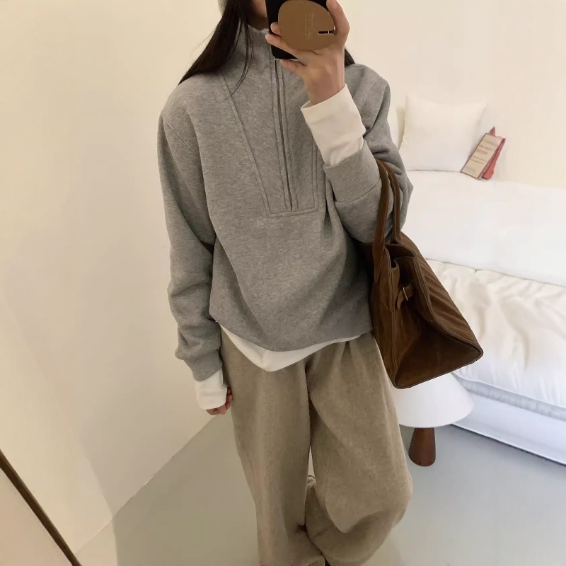 大厂订单！美式复古百搭显瘦加绒半拉链立领拼接套头卫衣外套女冬