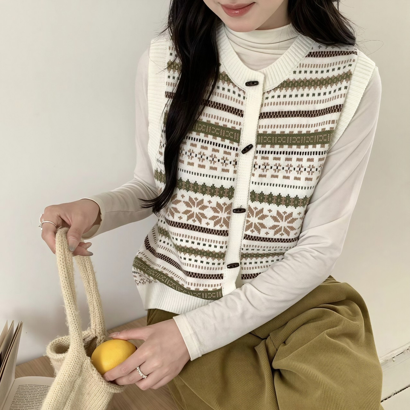 篙端品质！复古费尔岛提花针织开衫叠穿马甲背心无袖坎肩马夹女秋