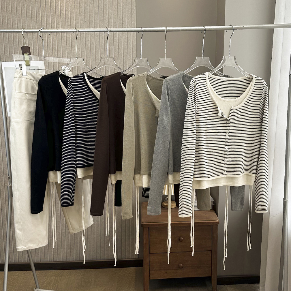 自留款！设计感假两件圆领抽绳收腰绑带显瘦针织衫别致小众上衣女