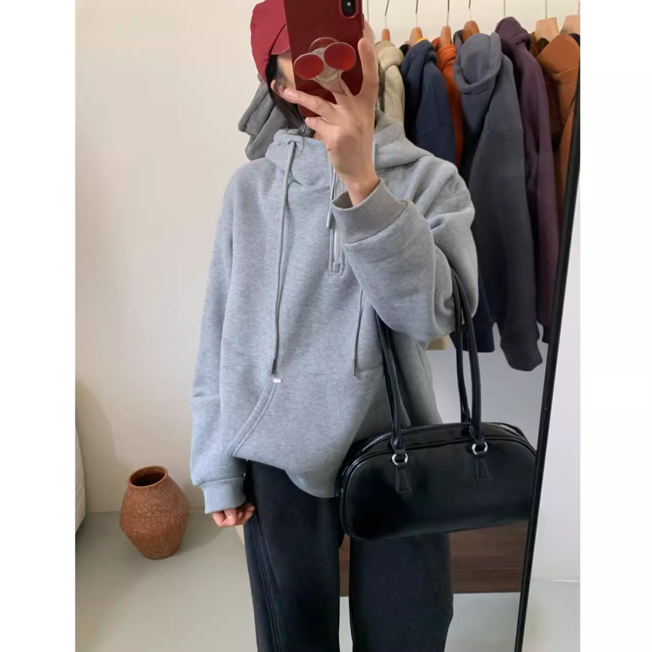 高性价比！秋冬新款宽松百搭纯色半拉链套头加厚加绒连帽卫衣外套