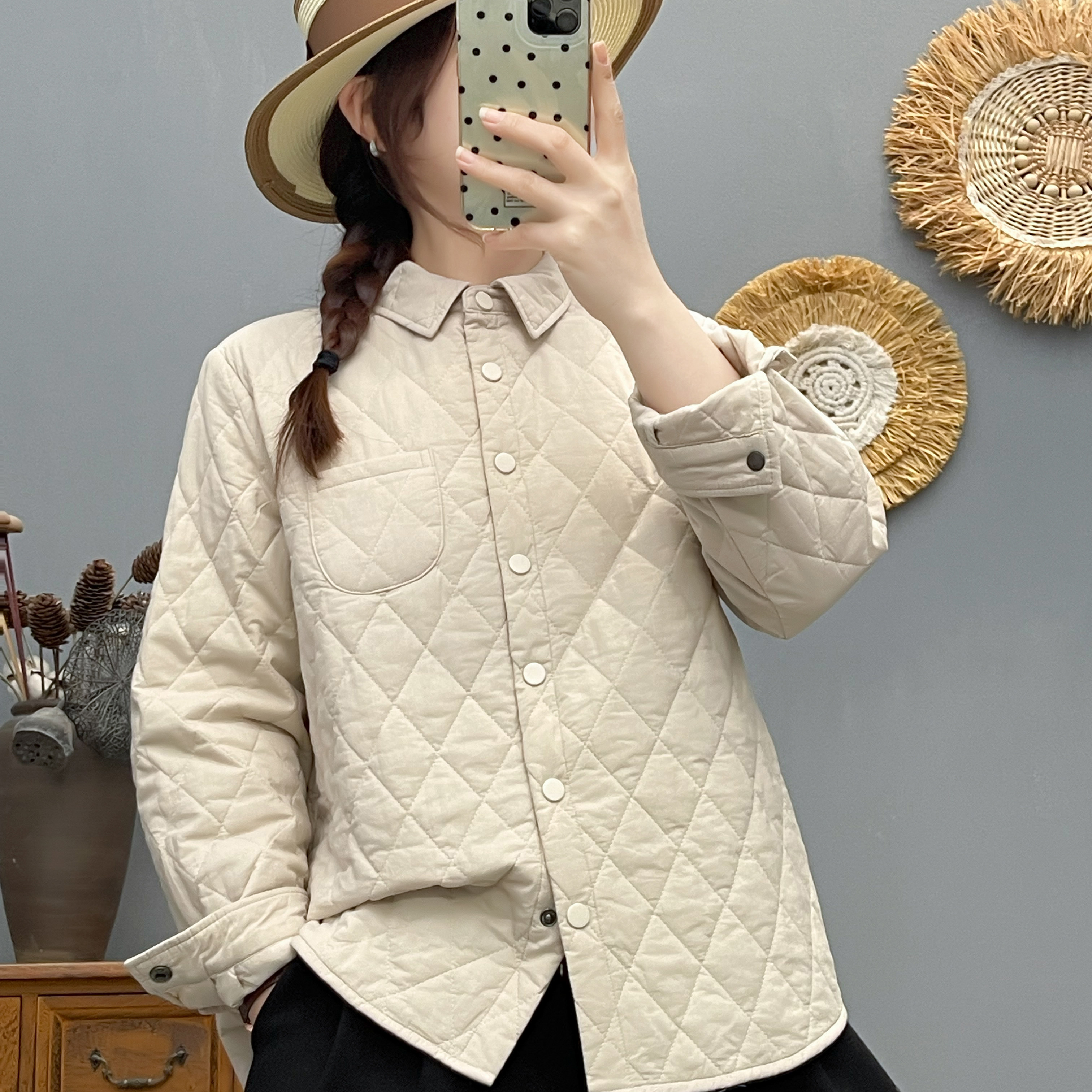 大厂订单！气质百搭宽松显瘦菱格翻领单排扣夹棉保暖棉服外套女冬