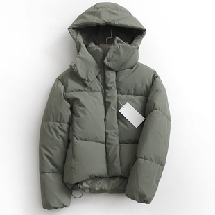 西班牙D~2023秋冬款宽松抽绳加厚保暖连帽压胶短款棉衣棉服外套女