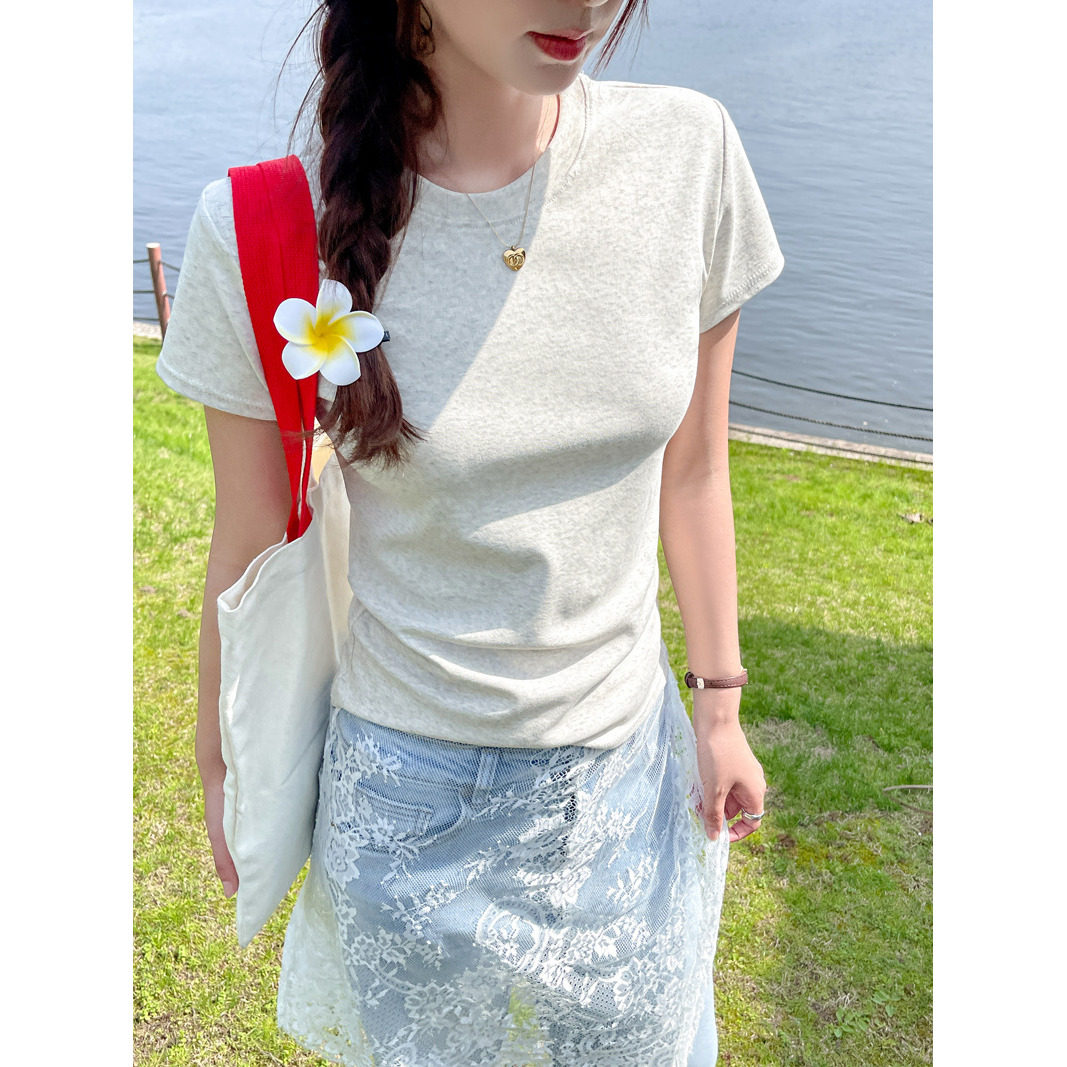 早八女孩 纯棉小圆领正肩显瘦短袖t恤女式夏季外穿修身打底衫