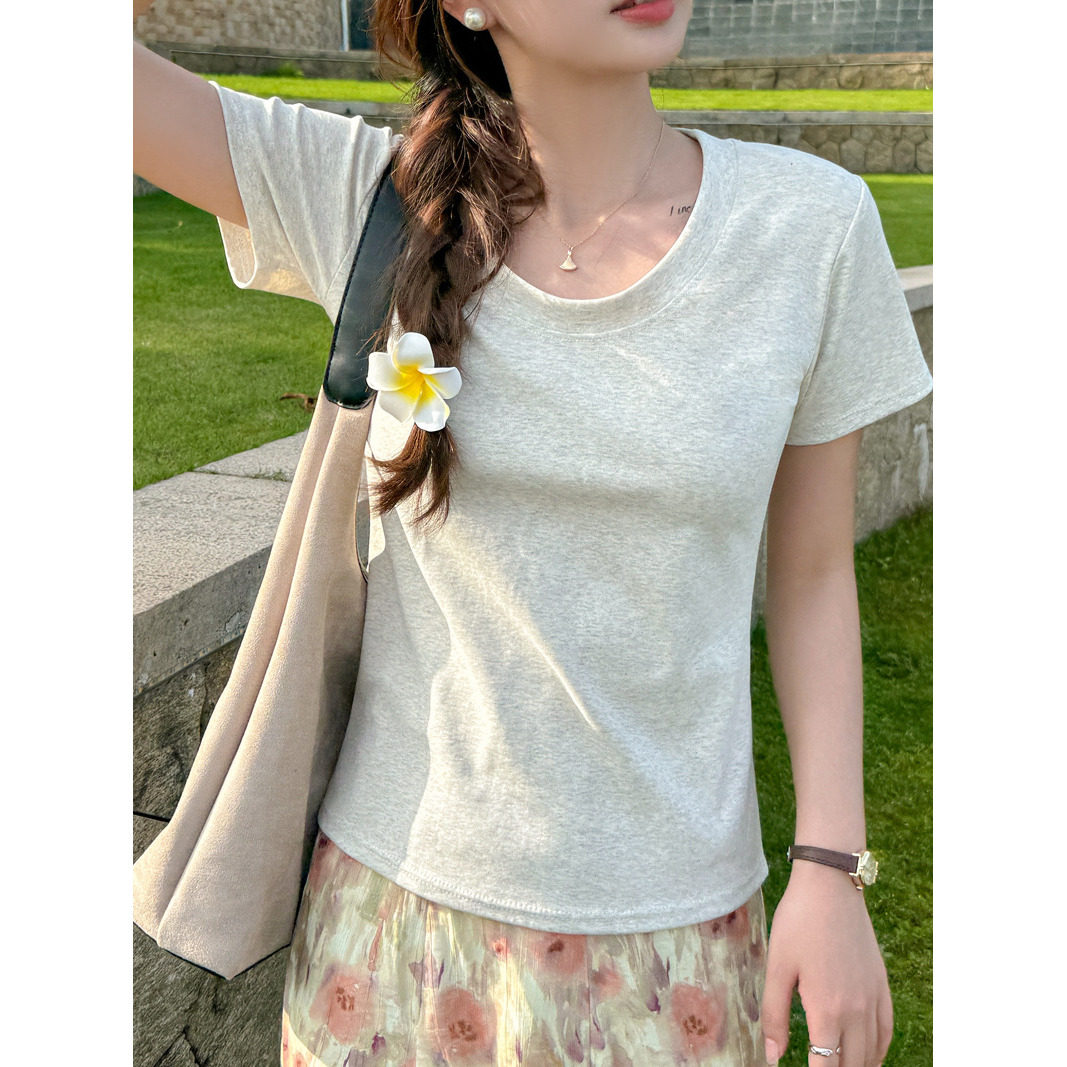 早八女孩 纯棉圆领正肩短袖t恤女士2026新款T夏季可外穿修身打底