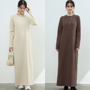 秋冬日系外穿加绒打底长裙长袖连衣裙纯色过膝长款女高级感百搭裙