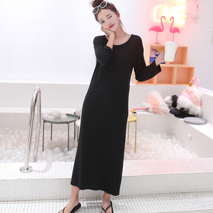 2024夏秋韩版长裙莫代尔连衣裙长袖女圆领宽松显瘦长款打底裙大码