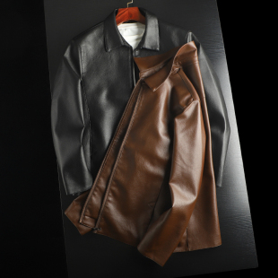 新款 高端奢品 秋季 柔软细腻 男翻领休闲皮衣夹克 优质水洗PU皮