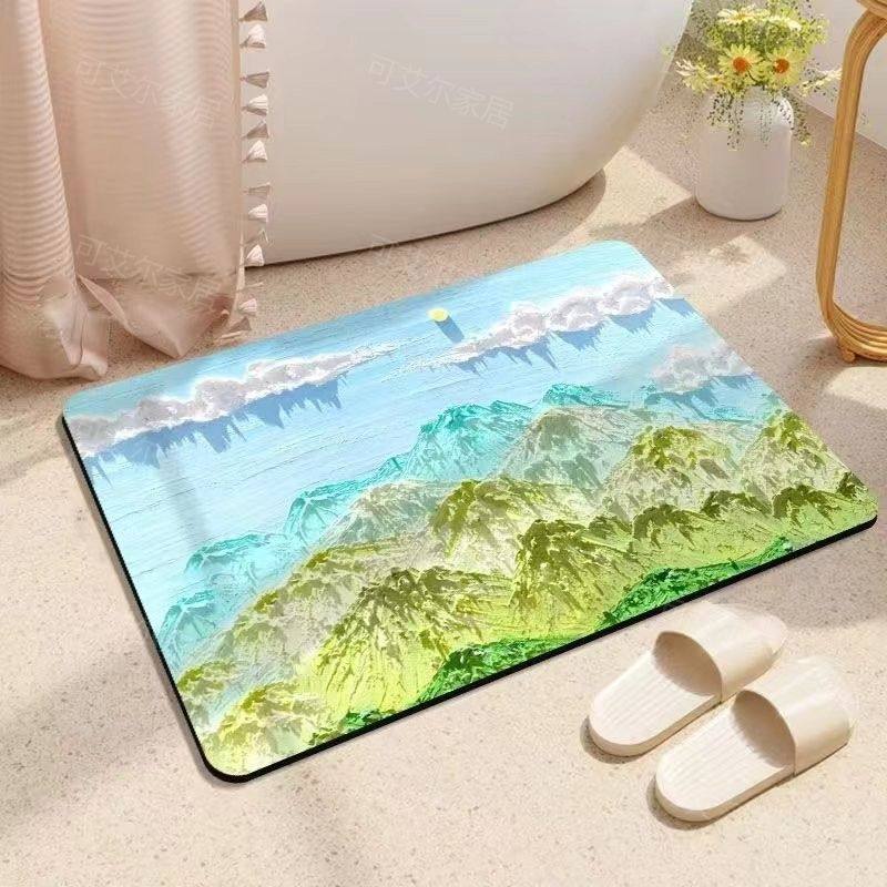 3d效果油画荷花软硅藻泥吸水速干地垫浴室防滑舒适脚垫易清洗门垫