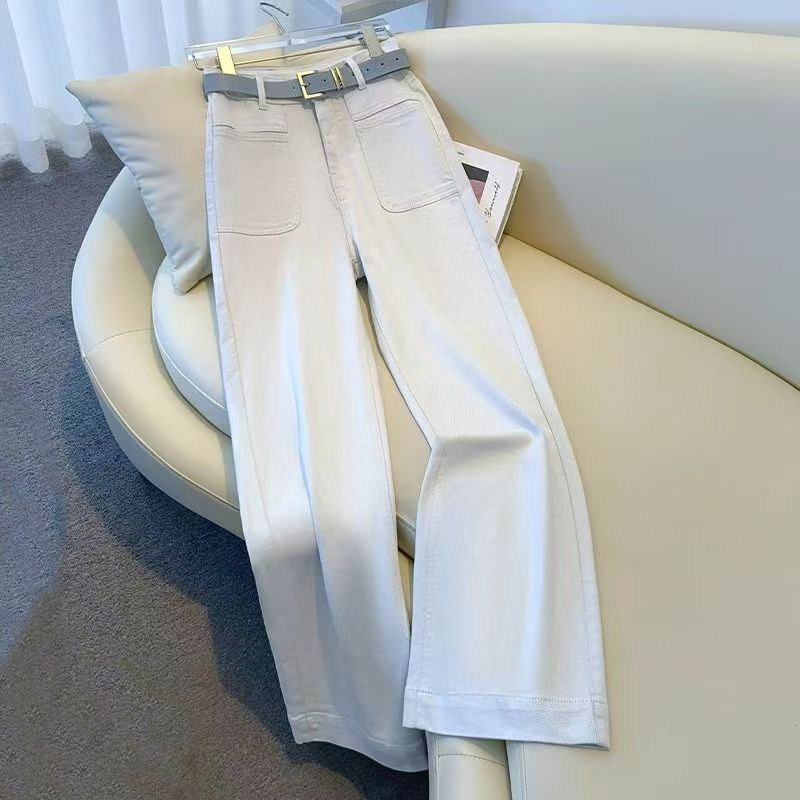 浅色直筒牛仔裤女无弹力阔腿小个子八九分26春秋时尚高腰宽松灰白