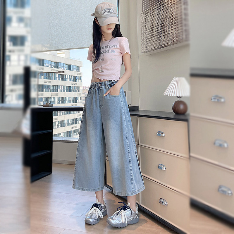 松紧腰七分无弹力棉质牛仔裤大码