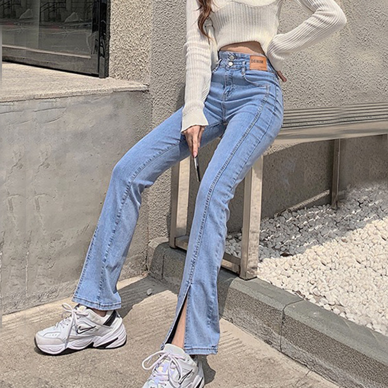 微喇牛仔裤女有弹力高腰开叉2026新款春秋复古浅蓝显瘦小个子九分
